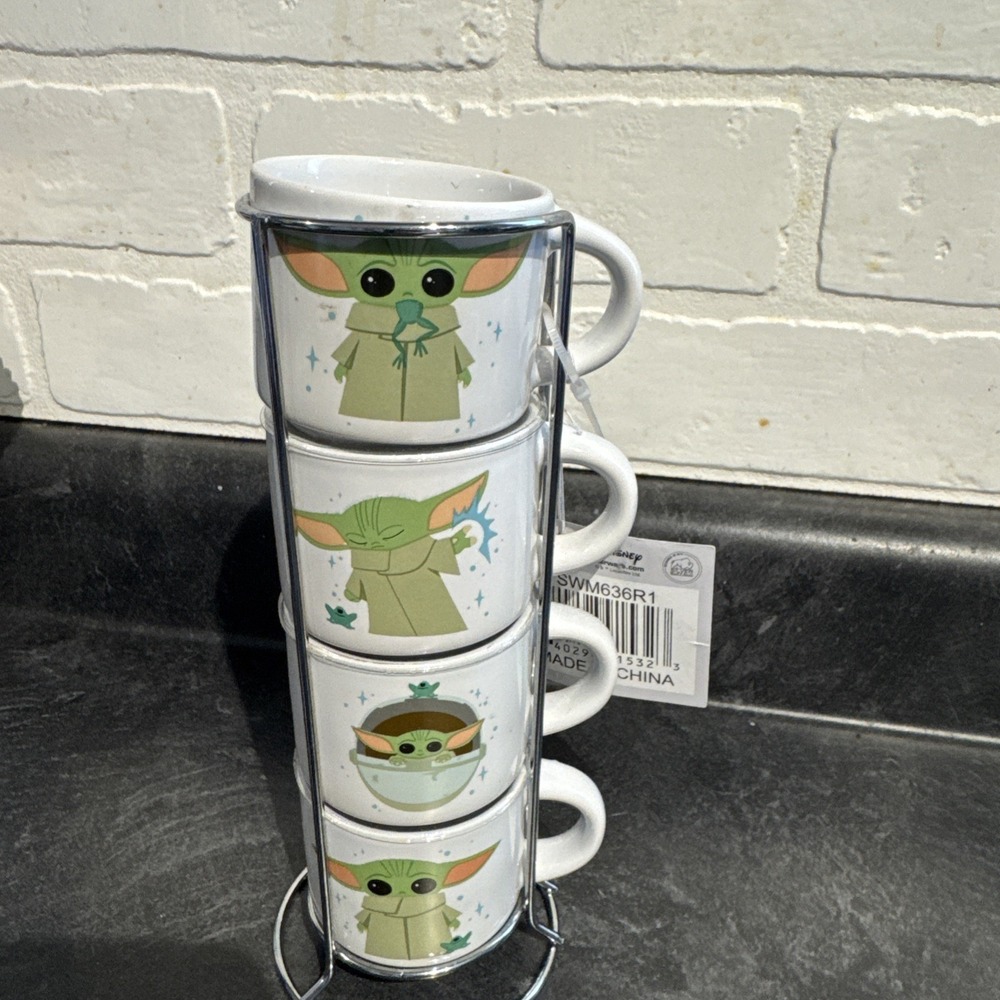 Baby Yoda Cartoon Disney 4 piece. Stackable Ceramic Espresso Small Cup Set, 3 Oz